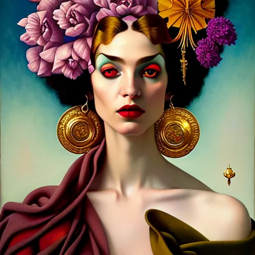 Image similar to dynamic composition, a painting of a woman with hair of flowers and raven plummage wearing ornate earrings, a surrealist painting by tom bagshaw and jacek yerga and tamara de lempicka and jesse king, featured on cgsociety, pop surrealism, surrealist, dramatic lighting, wiccan, pre - raphaelite, ornate gilded details