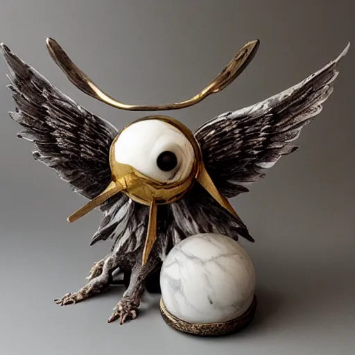 Image similar to eyeball with wings and fangs, white marble with gold accents, by ellen jewett