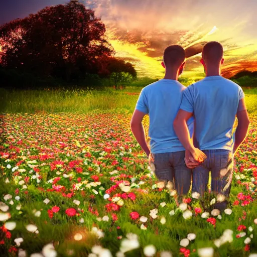 Prompt: a gay couple holding hands in a field of flowers at sunset, realistic, intricate, 4k