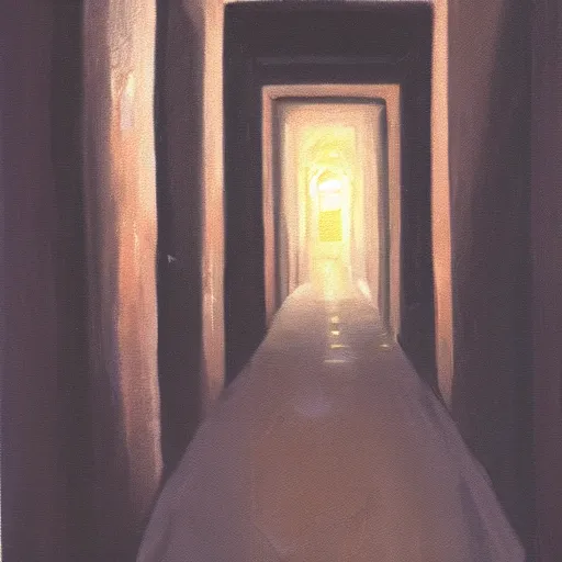 Prompt: a dungeon hallway with a single torch on the wall. a man is walking in the hallway, oil painting