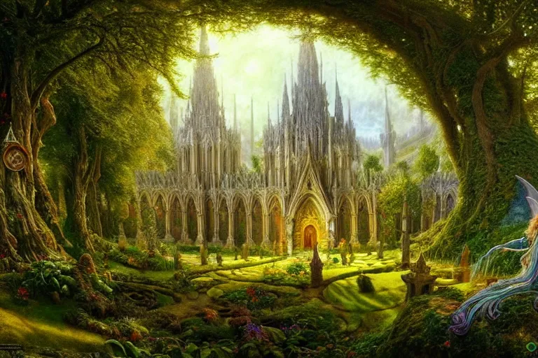 Image similar to a beautiful and highly detailed fantasy landscape painting of an elven cathedral in a beautiful garden in a mystical forest, psychedelic, intricate details, epic scale, insanely complex, 8 k, sharp focus, hyperrealism, artstation, cgsociety, by caspar friedrich, albert bierstadt, james gurney, brian froud,