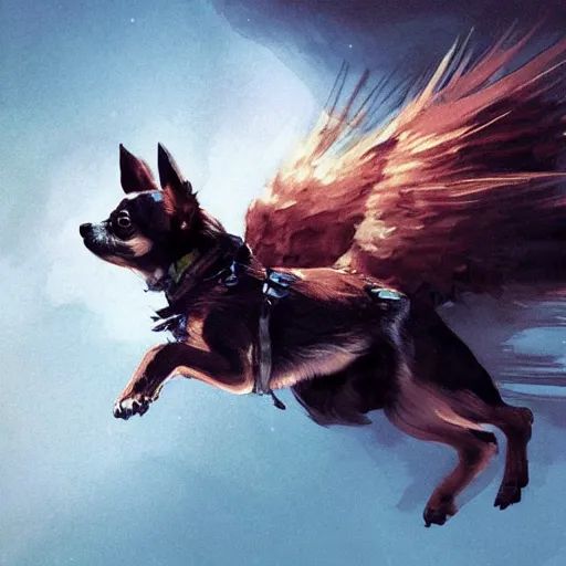 Image similar to chihuahua flying to the moon, dramatic lighting, illustration by greg rutkowski, yoji shinkawa, 4 k, digital art, concept art, trending on artstation