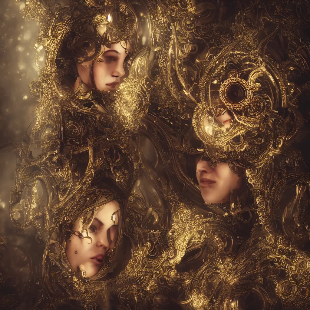 Prompt: portrait of a clockwork girl, ornamental, photorealism, wide angle, cinematic atmosphere, elaborate, highly detailed, ornate, shiny, dramatic lighting, octane render,