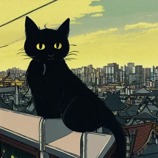 Image similar to an anthro black cat looking out over a city, Miyazaki, studio ghibli