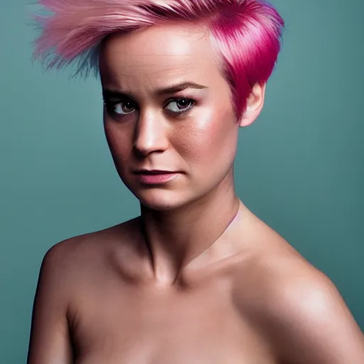 Prompt: portrait of a gorgeous Brie Larson pink pixie cut hair by Mario Testino, headshot, detailed, award winning, Sony a7R