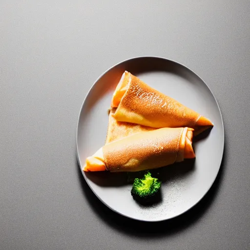 Image similar to fluffy crepes filled with freshly - caught salmon and fresh broccoli, 8 k resolution, food photography, studio lighting, sharp focus, hyper - detailed
