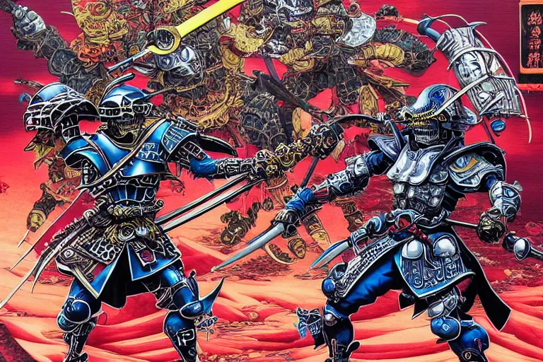 Image similar to portrait of two crazy skeletor samurais battle each other, with japanese armor and helmet, by yoichi hatakenaka, masamune shirow, josan gonzales and dan mumford, ayami kojima, takato yamamoto, barclay shaw, karol bak, yukito kishiro