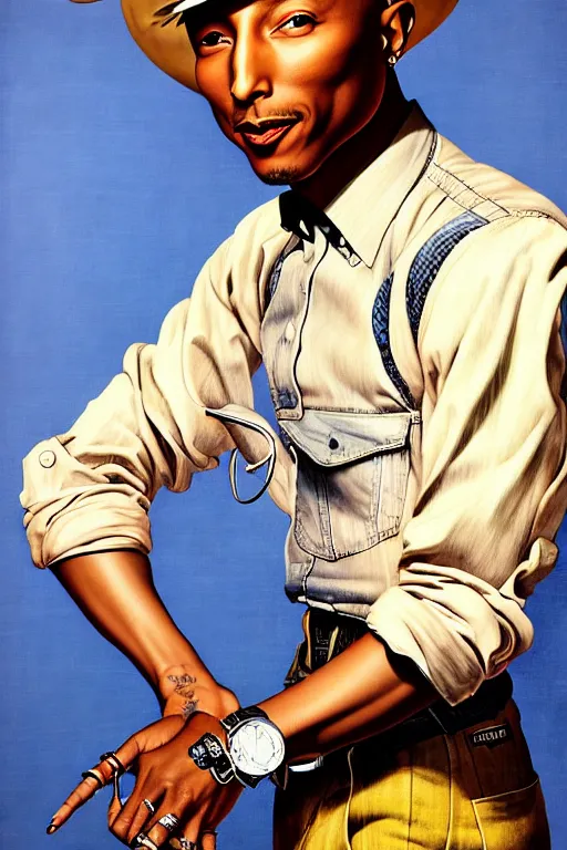 Image similar to pharrell williams by gil elvgren and norman rockwell and rob gonsalves and hajime sorayama, hyperrealistic, high detail, ultra detailed, highly detailed face, ruffled fabric