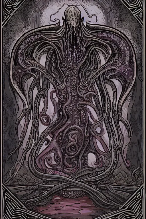 Prompt: ancient eldritch horror, mind flayer, illithid, concept art, digital art, tarot card, highly detailed, ornate border, in the style of dungeons and dragons, old school