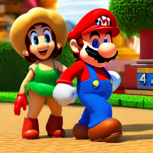 Image similar to super mario and hispanic princess peach spicy latina in pixar animated movie 4k octane render