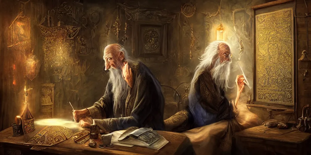 Image similar to wizened aristocrat examining the mysteries of tarot cards on a magical blackboard, background is magical blackboard with chalk,, fantasy art, matte painting, high quality, digital painting, artwork by tony sart