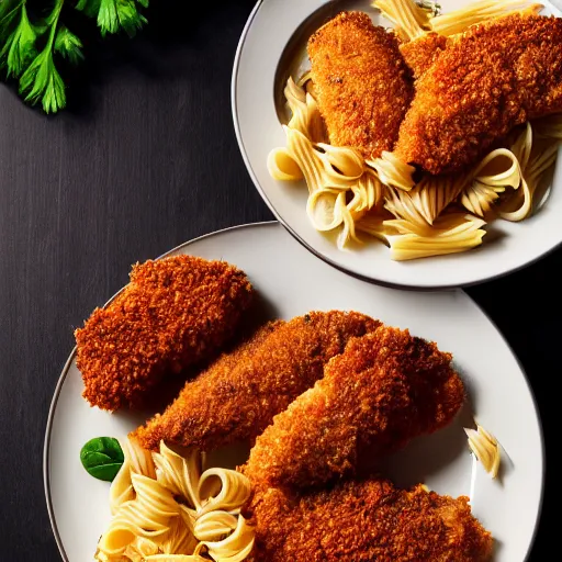 Image similar to photo of breaded chicken and sauce with pasta, professional, studio, 4 k
