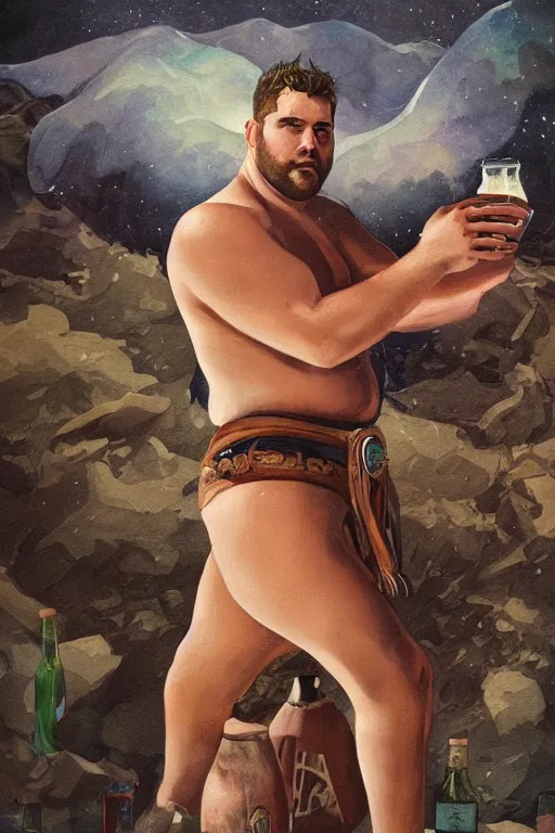 Prompt: a dramatic, epic, ethereal painting of a handsome! smirking thicc shirtless cowboy with a beer belly wearing a large belt and offering food and whiskey | background is a late night campfire | tarot card, art deco, art nouveau | by Mark Maggiori | trending on artstation