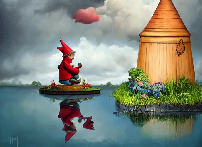 Image similar to a garden gnome sailing in a bucket, background of a reflective pond on a sunny day with dramatic clouds, an ultrafine detailed painting by mark ryden, trending on deviantart, pop surrealism, whimsical, lowbrow, joyous, perfect symmetrical face