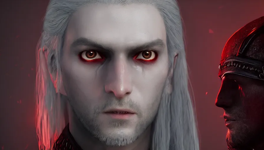 Image similar to a digital art portrait of a young pale vampire warrior with red eyes character design from dark souls, old inquisition witcher character sheet, 4 k, ultra detail, volumetric lighting, unreal engine, octane render
