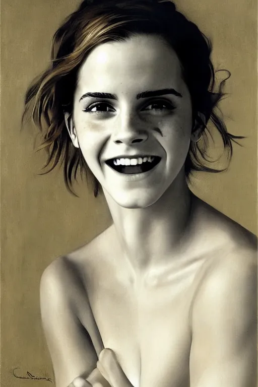 Image similar to emma watson smiling laughing gathered faille v - neck smiling detailed portrait painting by gaston bussiere craig mullins j. c. leyendecker photograph by richard avedon peter lindbergh