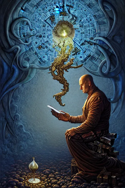 Prompt: The Accountant, tarot card, by tomasz alen kopera and Justin Gerard, Excel spreadsheets, numerical, symmetrical features, ominous, magical realism, texture, intricate, ornate, royally decorated, whirling blue smoke, embers, radiant colors, fantasy, trending on artstation, volumetric lighting, micro details, 3d sculpture, ray tracing, 8k, anaglyph effect