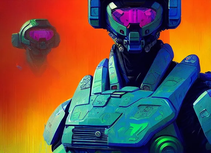 Prompt: “ a psychedelic portrait of master sergeant halo, vibrant color scheme, highly detailed, in the style of romanticism, cinematic, artstation, moebius, greg rutkowski ”