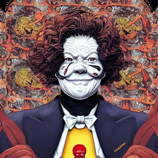 Image similar to portrait of ronald mcdonald, symmetrical, by yoichi hatakenaka, masamune shirow, josan gonzales and dan mumford, ayami kojima, takato yamamoto, barclay shaw, karol bak, yukito kishiro