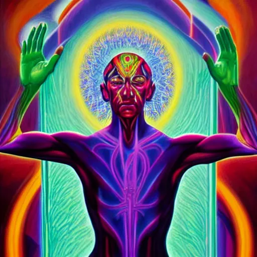 Image similar to a painting of androxus praying designed by alex grey, flooko, etheral, detailed, glows,