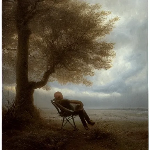 Prompt: pantone, ray tracing by joseph farquharson melancholic, extemporaneous. a body art of a man caught in a storm, buffeted by wind & rain. he clings to a tree for support, but the tree is bent by the force of the storm. he is soaking wet. his face is contorted with fear & effort.