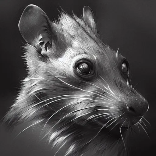 Image similar to masterpiece painting of a black and white spotted wererat highly detailed, digital painting, artstation, concept art, smooth, sharp focus, illustration, art by artgerm and greg rutkowski and alphonse mucha