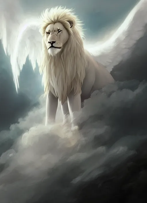 Prompt: aesthetic, religious fantasy portrait commission of an albino male furry anthro lion with giant feathery glowing angel wings flying in the heavenly cloudy sky wearing a silky white transparent cloak blowing in the wind, Atmospheric . Character design by charlie bowater, ross tran, artgerm, and makoto shinkai, detailed, inked, western comic book art, 2021 award winning film poster painting