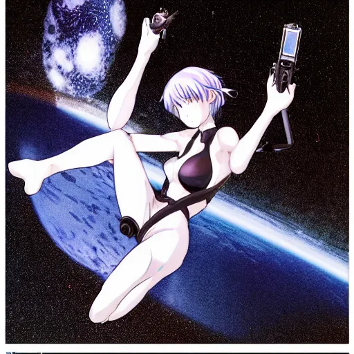 Image similar to This is a digital art piece by Yoshiyuki Sadamoto that is trending on artstation. It is a 8K UHD image of Rei Ayanami, a female anime character, inside a space station with technological rings. She is shot from the ground by Yoshiyuki Sadamoto. The environment is a concept design and the art is hyper realistic with intricate details.