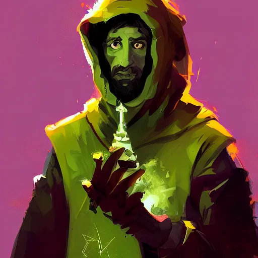 Prompt: dungeon master character portrait, by Ismail Inceoglu, puppet master, controller, wearing hood, digital art, brushstrokes