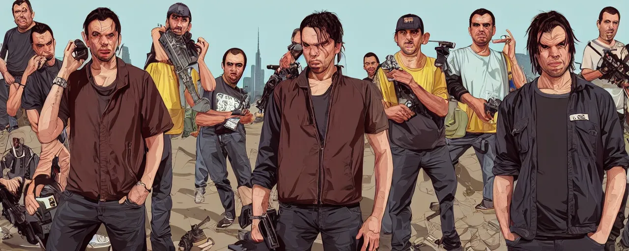 Prompt: full body of Raelsan (Orelsan) in the center of image of GTA V loading screen illustration in the style of Stephen Bliss, centered, uncrop, uncropped Orelsan very detailed GTA illustration from Stephen Bliss, full body Orelsan trending on artstation, Orelsan trending on deviantart, symmetrical face Orelsan, GTA V, Orelsan