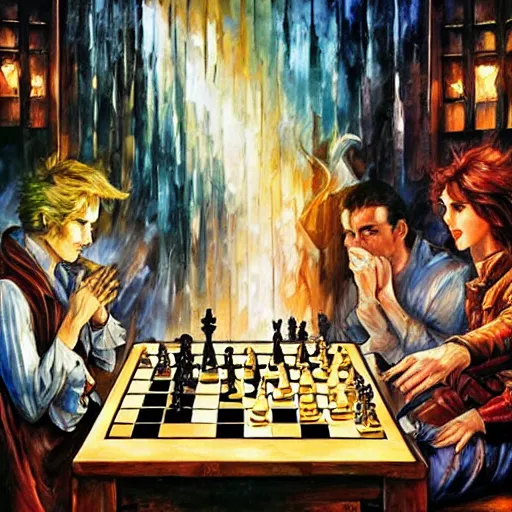 Prompt: chess by arthur adams, charlie bowater, leonid afremov, chiho ashima, karol bak, david bates, tom chambers