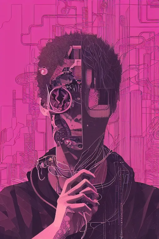 Image similar to portrait, cyberpunk hero, leaves by miyazaki, violet and pink and white palette, illustration, kenneth blom, mental alchemy, james jean, pablo amaringo, naudline pierre, contemporary art, hyper detailed