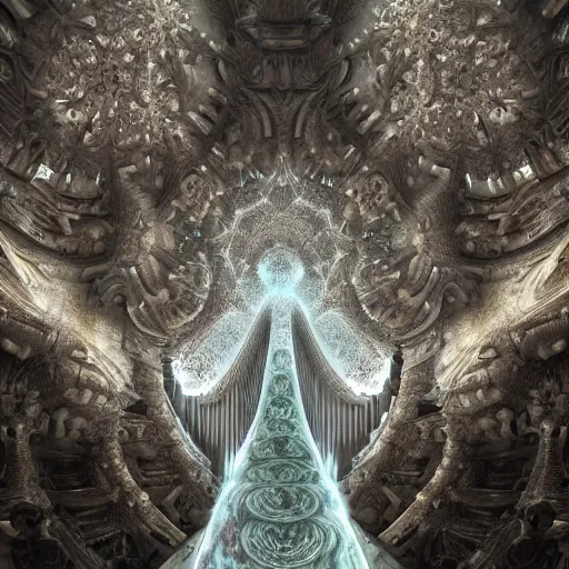 Image similar to a hyperrealistic 3 d render of a huge sprawling fractal cathedral interior populated by mandelbrot fractals by android jones, unreal engine, carved stone, carved soap, white color scheme, volumetric lighting, octane render, dramatic lighting, glowing, carved marble, opalescent, sacred geometry, religious, angelic, catholicpunk, stark, 8 k, ultra detailed