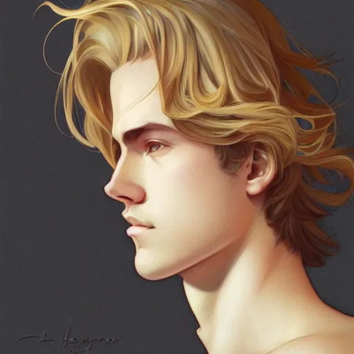 Image similar to young man with shoulder length shiny shimmering golden blond hair, path traced, highly detailed, high quality, digital painting, by studio ghibli and alphonse mucha, leesha hannigan, beautiful details, soft and warm