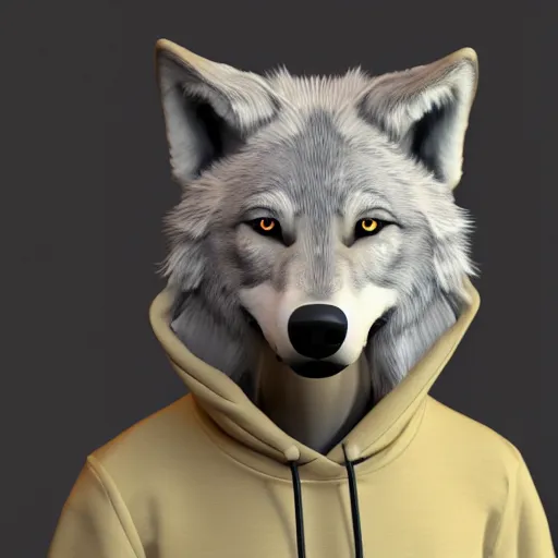 Image similar to portrait of a wolf dressed in a sweatshirt, artstation, animatronic,8K,