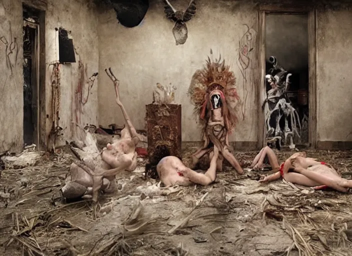 Prompt: sensual scene from art house film by alejandro jodorowsky, roger ballen and wes anderson : : surreal scene of an occult ritual in a picturesque outdoors setting : : mirrors, masks, costumes, snakes, smoke, burned dolls : : close - up of the actors'faces : : technicolor, 8 k