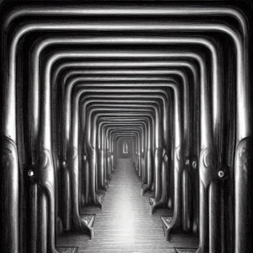 Prompt: an alien corridor, tubes along the walls, strange devices, by h. r. giger, 8 k, trending on artstation, duotone, detailed