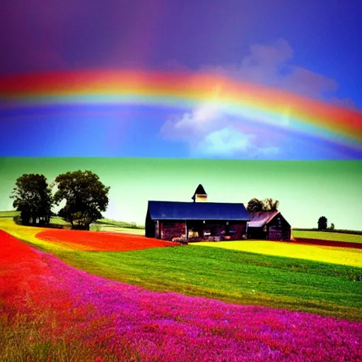 Prompt: farmhouse on a hill with a rainbow glitchy sky