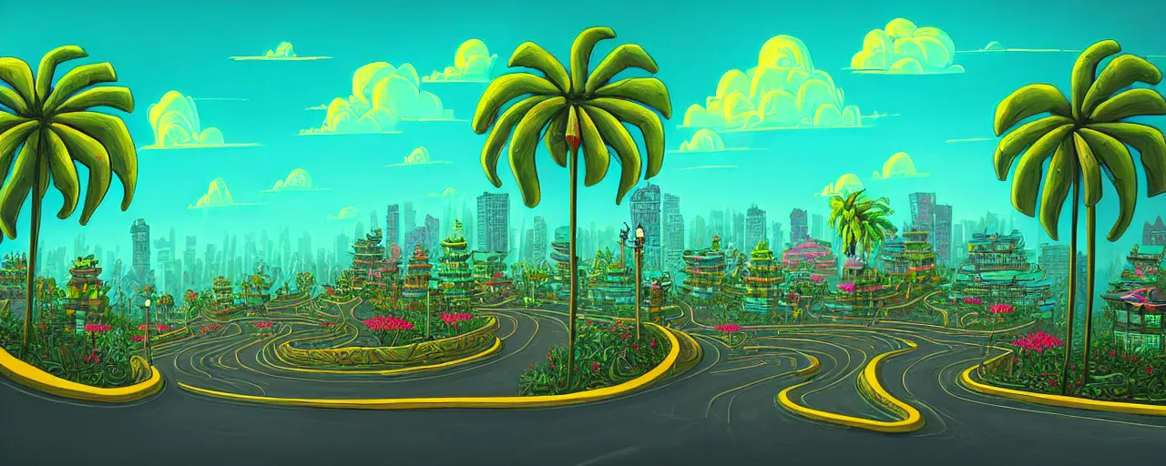 Image similar to curled perspective digital art of ho chi minh city, curly clouds cobblestone street with wildflowers to a casino in top of a hill with curly palmtrees by anton fadeev from nightmare before christmas