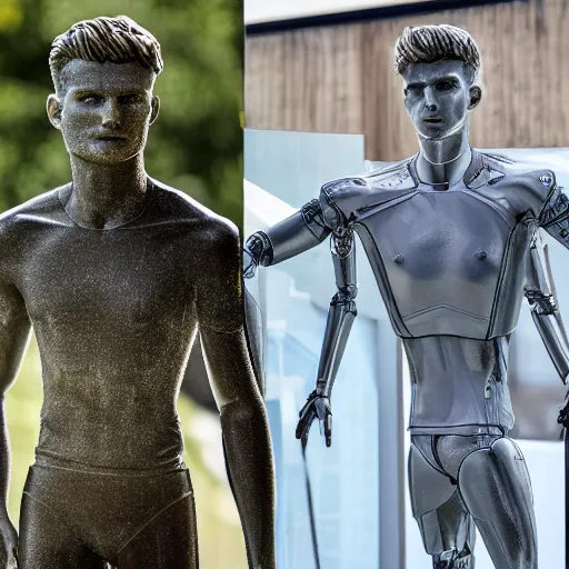 Image similar to a realistic detailed photo of a guy who is an attractive humanoid who is half robot and half humanoid, who is a male android, soccer player timo werner, shiny skin, posing like a statue, blank stare, by the pool, on display, showing off his muscles, humanoid robot, frozen ice statue, made of ice