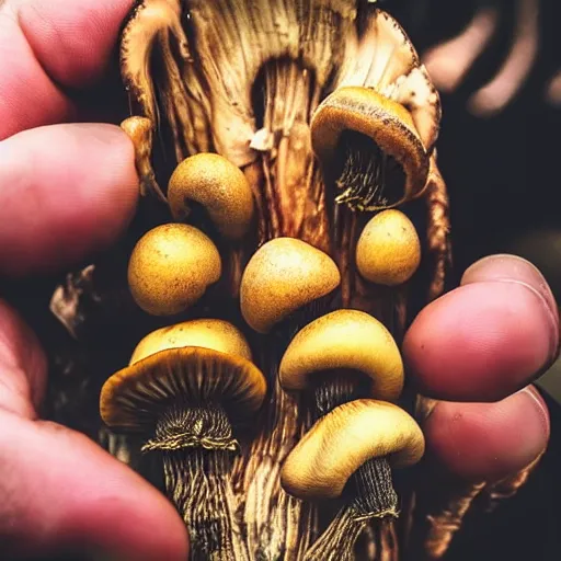 Image similar to iphone 1 3 pro photo of hands holding a golden teacher mushrooms