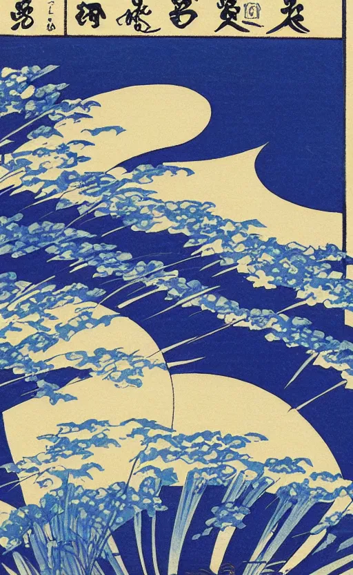 Image similar to by akio watanabe, manga art, the blue and white curtain of a japanese theatre, trading card front, sun in the background