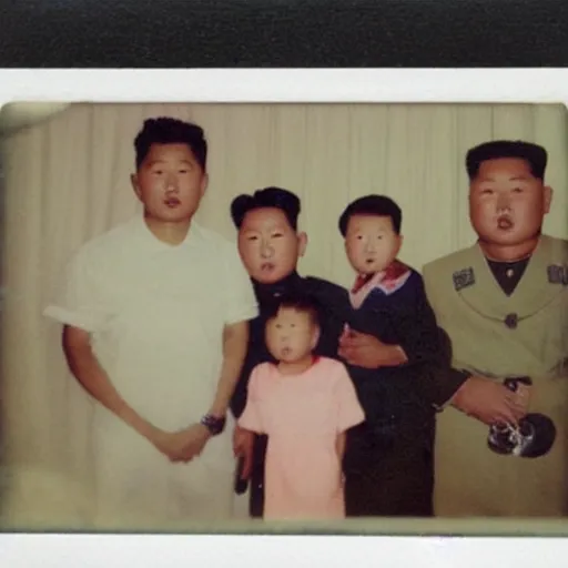 Image similar to kim jong creepy family, driking blood of his son, polaroid