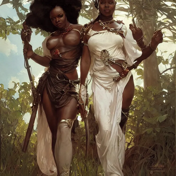 Prompt: african domme mistress, full body, dominatrix, tribal, smooth white surroundings, ornate, very beautiful, concept art, realistic painting, digital art by greg rutkowski, by alphonse mucha