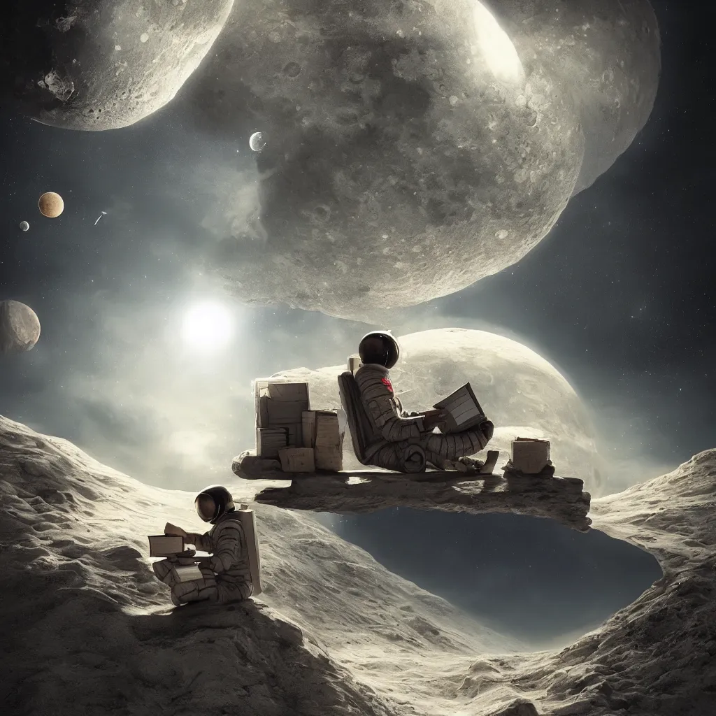 Prompt: hyper realistic matte painting of astronaut on the moon sitting on concrete bench, reading book facing planet earth above horizon, back lighting, highly detailed, trending on artstation, concept art, sharp focus, art by jan matejko