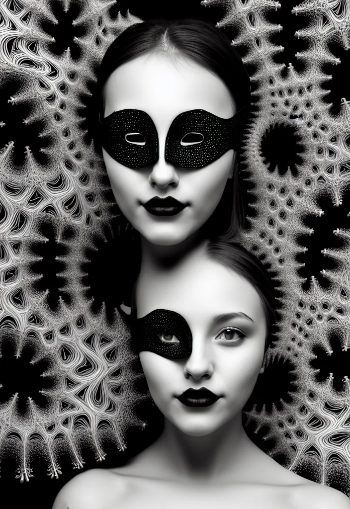 Image similar to young beautiful woman with a face covering fractal, mandelbulb mask. speed painting, scribble art. black and white, black on black. intricate, elegant, super highly detailed, professional digital painting, smooth, 8k, 3D, beautiful, cinematic. art deco, futurism, 3D, Unreal Engine, photorealistic.