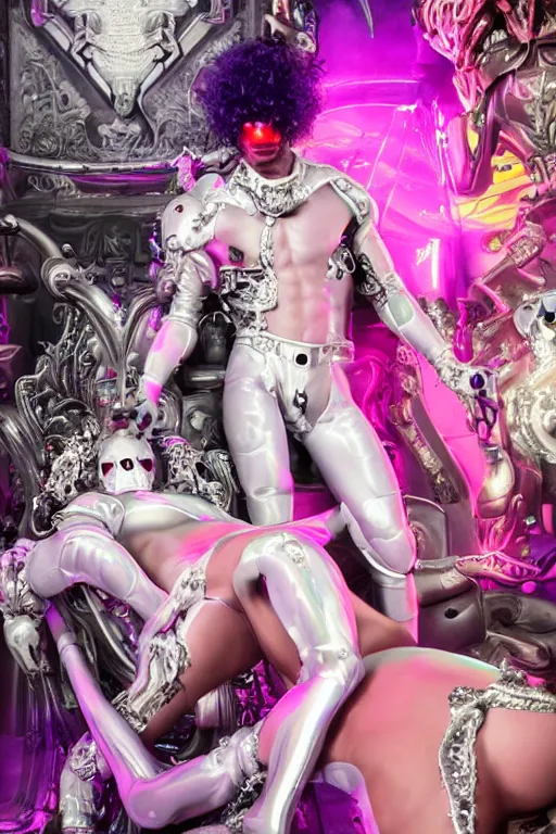 Image similar to full-body rococo and cyberpunk style neon statue of a muscular attractive Joe Jonas macho dotado e rico android sim roupa reclining con las piernas abertas e la piroca dura, glowing white laser eyes, prince crown of pink gears, diamonds, swirling silver-colored silk fabric. futuristic elements. full-length view. space robots. human skulls. intricate artwork by caravaggio. Trending on artstation, octane render, cinematic lighting from the right, hyper realism, octane render, 8k, depth of field, 3D