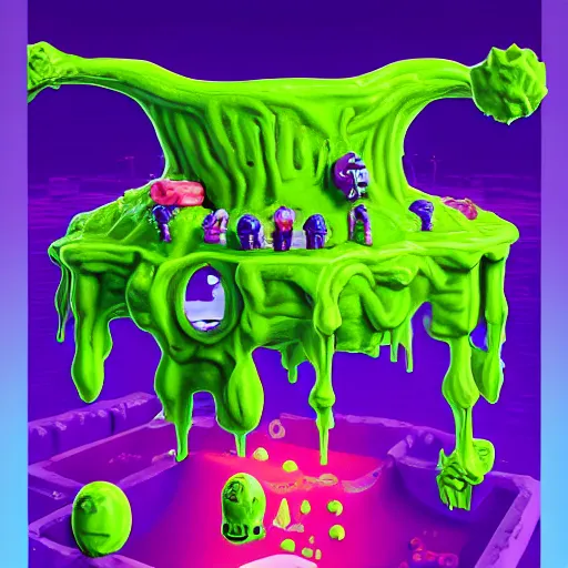 Image similar to slime lord king of the slime universe, skeleton, full body included, wide shot, 1 4 mm lens, f 2. 8, goopy, goop, fluids, soft tissue, subsurface scattering, reflections, ambient occlusion, raytracing, unreal engine 5, pixel art 8 - bit, by beeple