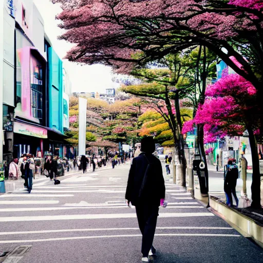 Image similar to a single person walking in Harajuku pastel colors