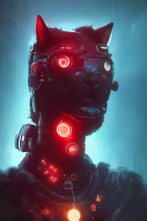 Image similar to A a very cute cyberpunk cat character, red hair, metal parts, glowing eyes, profile picture by Greg Rutkowski, Matte Painting, trending on the artstation